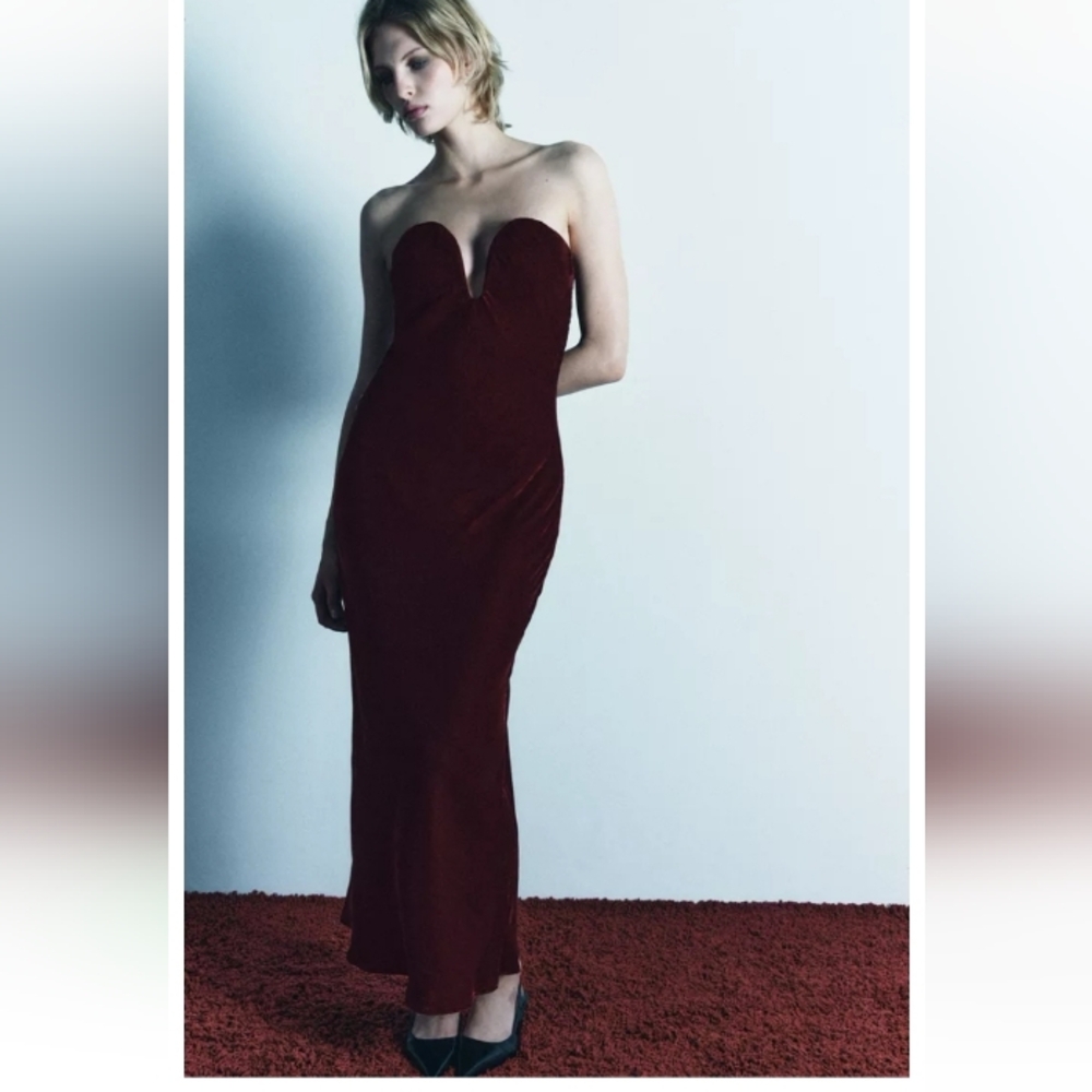 Zara Limited Edition Elegant Velvet Strapless Dark Red Evening Gown Sz-L